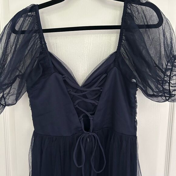 Lulus Glorious Chicness Navy Tulle Pleated Puff Sleeve Midi Dress Medium New - Picture 8 of 13